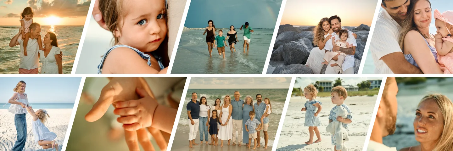 Family beach photos in Sarasota: a dad with his daughter on his shoulders at sunset, a toddler close up, a family running through the surf, a big family of twelve by the water, small hands