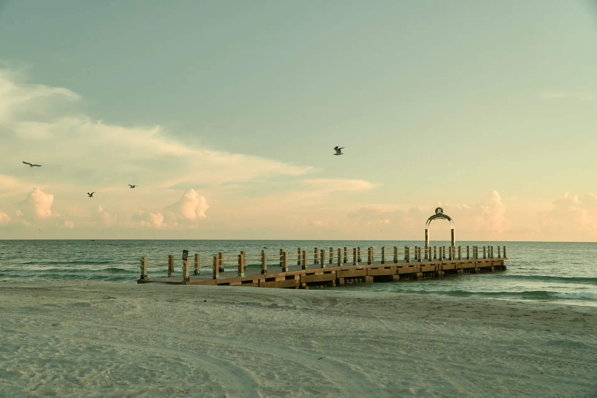 A wooden pier reaching into the Gulf from the sand on Longboat Key at dusk, gulls in a pale pink sky